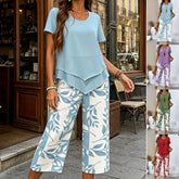 Set Elegant de Damă din Două Piese: Top cu Croi Asimetric și Pantaloni Imprimați – Ținută Office și Casual Perfectă