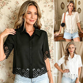 Cămașă Elegantă de Vară cu Dantelă Perforată, Design Floral la Mâneci și Bază, Stil Casual-Chic, Material Moale