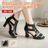 Sandale de Damă cu Toc Gros, Decupaje Laterale și Catarame Duble – Stil Roman Retro