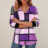 Divatos nĆi V-nyakĂș felsĆ digitĂĄlis nyomott mintĂĄval, laza szabĂĄssal Ă©s szĂnes kockĂĄs dizĂĄjnnal