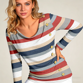 Divatos csíkos mintás, gombos hosszú ujjú női póló – kényelmes és karcsúsító