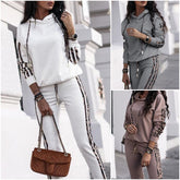 Divatos, lezser egyszínű csíkos női melegítő szett – Pulóver + nadrág, kényelmes és karcsúsító