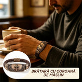 Brățară Bărbătească din Piele Împletită cu Cruce și Coroană de Măslin, Metal Antichizat Vintage, Cadou Deosebit
