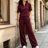 Set de Damă Elegant și Lejer: Top cu Fermoar la Gât + Pantaloni Largi, Ținută Casual-Șic pentru Vară
