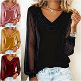 Egyszínű női V-nyakú bársony felső – hosszú ujjú, sűrű hálós ujjal és strassz díszítéssel