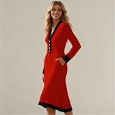 Elegáns, színblokkolt V-nyakú midi ruha – karcsúsító szabás, kényelmes mindennapokra