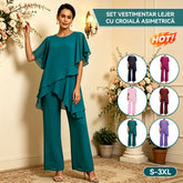 Set Elegant din Șifon: Top Asimetric cu Volane și Pantaloni Lejeri – Ținută Rafinată pentru Evenimente, S-3XL