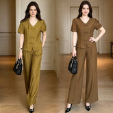 Set Elegant Stil Nou Chinezesc: Top cu Nasturi Tradiționali și Pantaloni Largi cu Talie Înaltă, Compleu de Lux din Două Piese