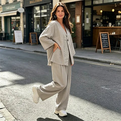 Compleu de Vară din In cu Sacou Kimono și Pantaloni Lungi Largi, Subțire și Respirabil, Design Elegant Oversized pentru Femei – Set Casual Bej Clasic