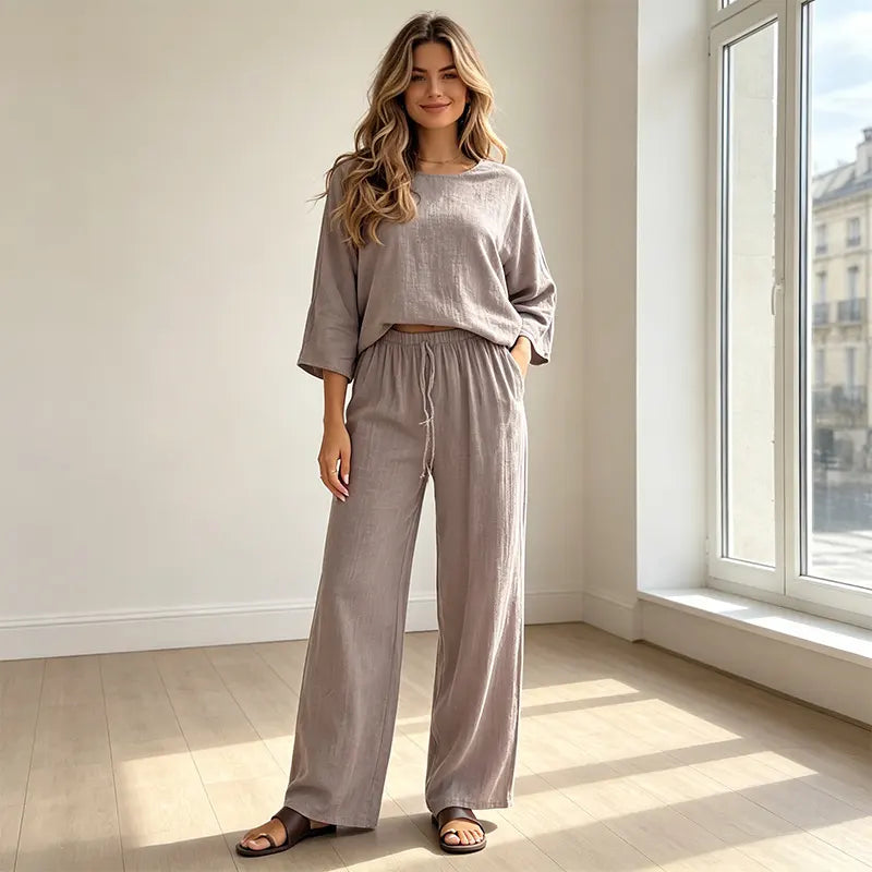 Compleu de Vară din 2 Piese pentru Femei – Bluză Lejeră și Pantaloni Lungi cu Șnur, Material Moale, Respirabil și Confortabil, Stil Casual-Elegant
