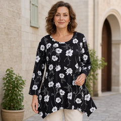🛍️ Eleganță Fluidă! Bluză Plus Size cu Imprimeu Floral, Decolteu Rotund și Tiv Asimetric | XL-5XL