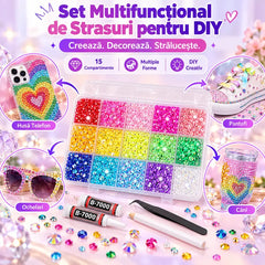 💎 Set Multifuncțional de Strasuri DIY cu 15 Compartimente · Strasuri Strălucitoare · Include Adeziv B-7000 și Instrumente · Ideal pentru Huse, Pantofi, Căni și Manichiură!