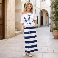 【Hit de Vară 2026】Set Casual în Stil Marin: Tricou din Bumbac cu Imprimeu Anchor + Fustă Lungă în Dungi, Mărimi S-5XL! ⚓💙