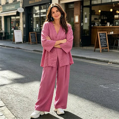Compleu de Vară din In cu Sacou Kimono și Pantaloni Lungi Largi, Subțire și Respirabil, Design Elegant Oversized pentru Femei – Set Casual Bej Clasic
