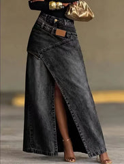 🥇【S-3XL】Fustă lungă din denim la modă, cu design cu șliț și curea în mai multe straturi