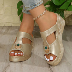 💚💎【Piele premium atent selecționată】Papuci eleganți cu strasuri și platformă tip wedge, cu aspect rafinat și elegant