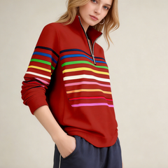 Elegáns csíkos női pulóver félcipzáros nyakkal – kényelmes és stílusos