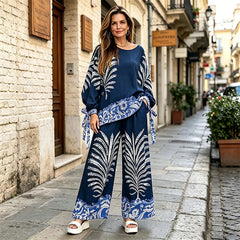 Costum de Damă din 2 Piese cu Imprimeu Boho: Bluză cu Mânecă Lungă și Pantaloni Lejeri, Mărimi S-5XL
