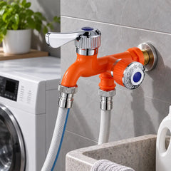 💦 Economisește Spațiu și Timp! Robinet Dublu Multifuncțional cu Două Ieșiri Independente (1/2")! Rezistent la Îngheț și Temperaturi Ridicate · Perfect pentru Mașina de Spălat, Grădină și Spălat Mașina!