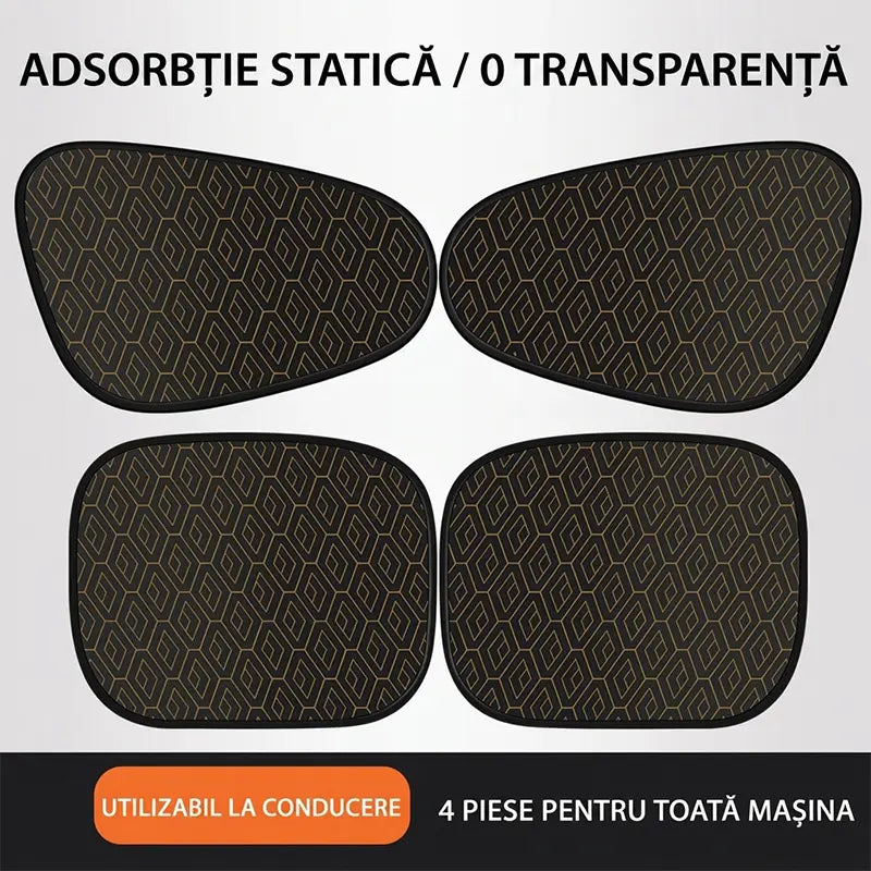 Set 4 Parasolare Auto cu Adrență Electrostatică, Paravan Geam Lateral cu Model Laser Geometric, Protecție UV și Izolare Termică, Nu Blocare Oglindă Retrovizoare