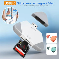 Cititor de Carduri 3 în 1 SD/TF cu Capac Magnetic, Adaptor OTG USB 3.0, Tip-C și Lightning, Compatibil cu iPhone, Android și PC