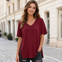 Tricou Lung de Damă cu Guler în V, Croială Lejeră și Decupaje Laterale, Bluză de Vară din Material Moale și Respirabil