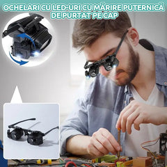 Lupă de Cap Tip Ochelari cu Lumină LED 24X - Pentru Reparații Ceasuri și Lipire Componente Electronice, 5 Seturi de Lentile Interschimbabile (2X/6X/8X/12X/24X)