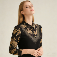 Elegáns hosszú ujjú felső – nyomott mintás gallér, puha bársony alsó rész