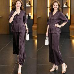 👚👖【Set 2 piese: bluză + pantaloni】✨Set elegant premium din satin de mătase de dud, cu efect de subțiere și stil rafinat