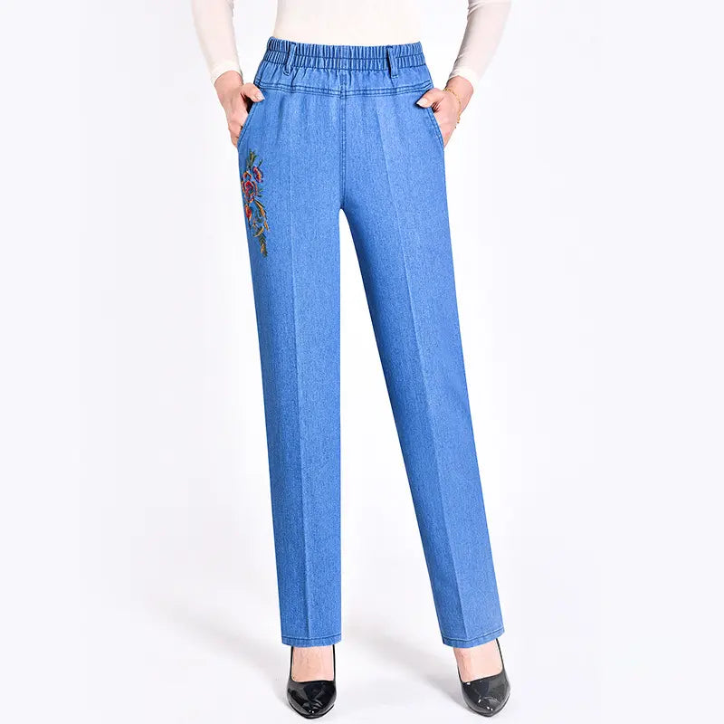 Blugi Drepți cu Talie Înaltă pentru Femei, cu Broderie Florală – Pantaloni Elastici din Bumbac Confortabil, Efect de Subțiere și Întinerire