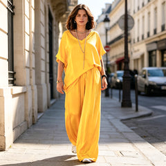 【S-3XL】Set casual pentru femei din două piese – top cu mânecă scurtă și decolteu în V + pantaloni largi, croială lejeră, culori multiple, ținută de vară și toamnă pentru