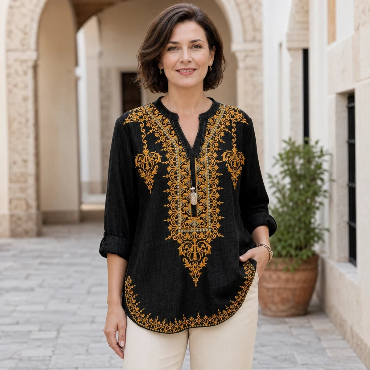 【Colecția Boho-Chic 2026】Bluză de Damă Plus Size din In și Bumbac, Cu Decolteu în V și Imprimeu Etnic Abstract, Cămașă Lejeră și Respirabilă (6 Culori / S-5XL) ✨