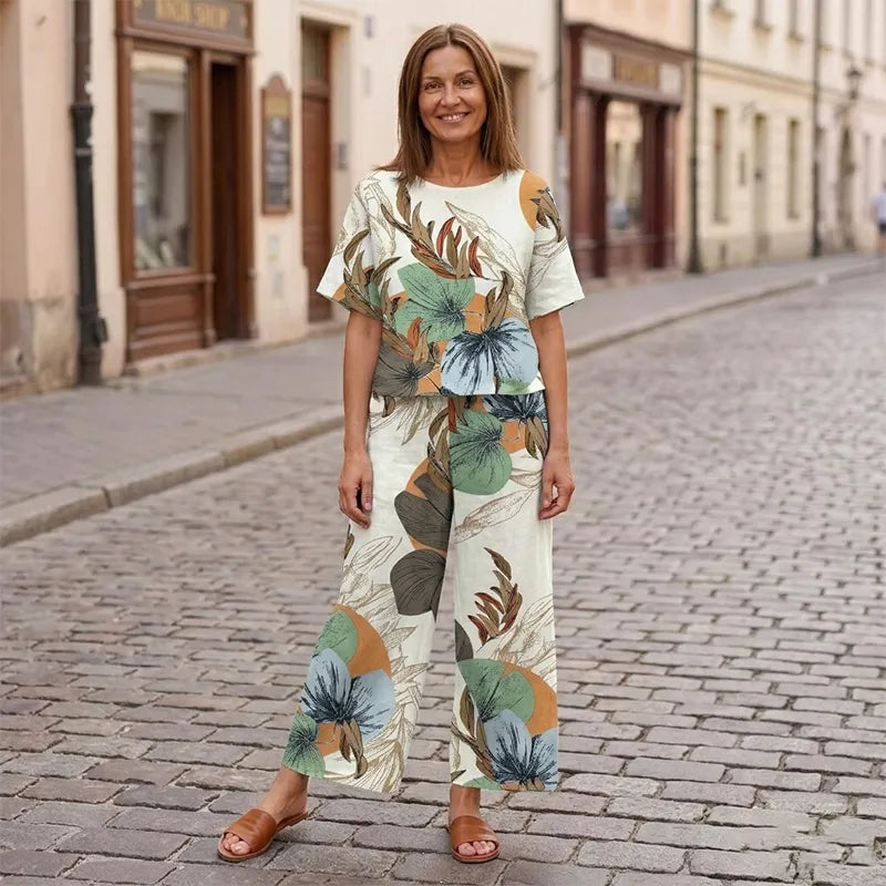 Costum de Vară din Două Piese pentru Femei, Set Casual cu Bluză Mânecă Scurtă și Pantaloni Lungi Largi, Imprimeu Floral Modern