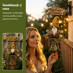 Clopoțel de Bun Venit cu Pitic de Grădină, Plăcuță „Welcome”, Clopoțel Retro din Bronz, Suport de Perete din Fier, Decorațiune Curte și Terasă
