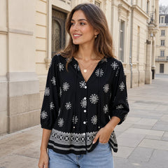 Bluză Lejeră de Damă cu Imprimeu Etnic, Cămașă Boho Chic de Vară cu Șiret și Ciucuri, Material Moale și Respirabil