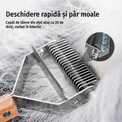 Perie Profesională De-Shedding pentru Câini și Pisici, Pieptene Dublu din Inox pentru Descâlcit Blana și Îndepărtat Subpărul, Mâner din Lemn, Reduce Căderea Părului