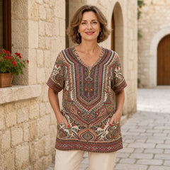 【Noutate Vară 2026】Tricou din Bumbac Pur cu Decolteu în V și Imprimeu Floral 3D, Croială Lejeră cu Buzunare Laterale, 6 Culori, Mărimi S-5XL! 🌺✨