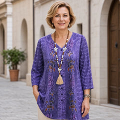 🛍️ Stil Boem Plus Size! Bluză Retro cu Imprimeu, Decolteu în V și Mânecă 3/4 | XL-5XL