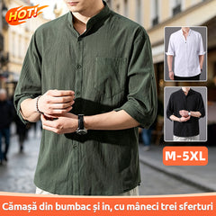 Cămașă din Bumbac și In pentru Bărbați, Croială Lejeră, Mărimi Mari M-5XL, Respirabilă și Subțire