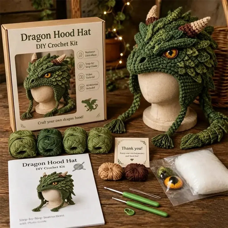 🛍️ Kit DIY Căști/Pălării Grozave Croșetate "Fantasy Hood Hat" 🐉 Model Dragon de Gheață, Dovleac Magic & 11 Variante | Kit Complet cu Fire, Croșete & Ghid Video | Cadou Creativ & Accesoriu Unic purtabil