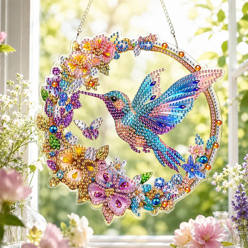 【Artă DIY 5D】Ornament Suspendat pentru Ușă din Acril cu Diamante de Cristal, Strălucire de Lux, 6 Modele cu Floarea-Soarelui și Colibri! ✨🌸