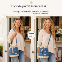 Geantă Tip Galeată Vintage din Denim și Croșet cu Momițe / Margarete Brodate – Buzunare Frontale Practice, Închidere cu Snur și Bareta de Umăr Removabilă