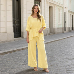 Stil European Relaxat 2026 ✨ Set de Vară din In și Bumbac cu Textură Plisată 🌿 Talie Marcată și Pantaloni Lungi Lari!