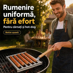 Grătar Rotativ din Oțel Inoxidabil pentru Cârnați și Hot-Dog – Cu Mâner Detașabil din Lemn, Rolo Rotație 360° și Coacere Uniformă 🌭🔥