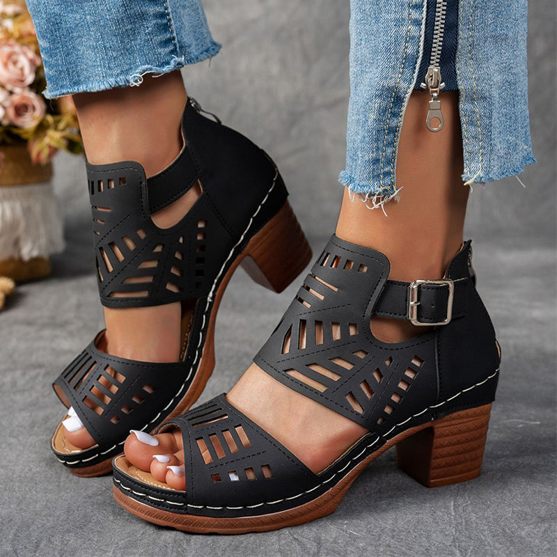 【36-43】Sandale damă cu model perforat retro｜Toc gros stabil, confort zilnic｜Disponibile și în mărimi mari