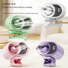 🌀 Ventilator hands-free cu afișaj LED, clemă integrată și 199 de niveluri reglabile