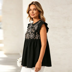 🌸👚Tricou din in cu broderie și mâneci tip fluturaș