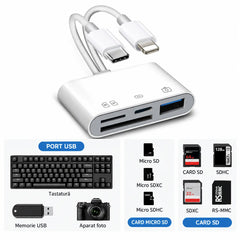 ⚡ Adaptor & Cititor de Carduri Multifuncțional 4-în-1 (USB-C + Lightning) – Transfer Rapid de Date pentru iPhone, iPad, Android și Laptop fără Aplicații!
