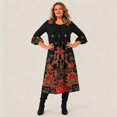 Női hosszú ujjú, retro mintás ruha – kényelmes, zsebes, elegáns stílus