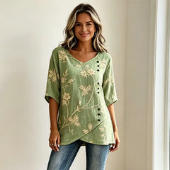 Bluză Vintage din In și Bumbac cu Broderie Florală, Gât în V și Design Asimetric cu Nasturi, Material Respirabil și Moale, Stil Retro Elegant